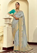 Monjolika Fashion Silk Blend Weaving Light Grey Traditional Saree | Grocsy