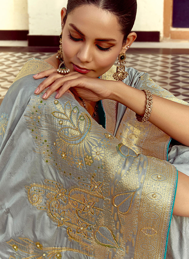 Monjolika Fashion Silk Blend Weaving Light Grey Traditional Saree | Grocsy