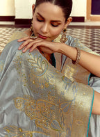 Monjolika Fashion Silk Blend Weaving Light Grey Traditional Saree | Grocsy
