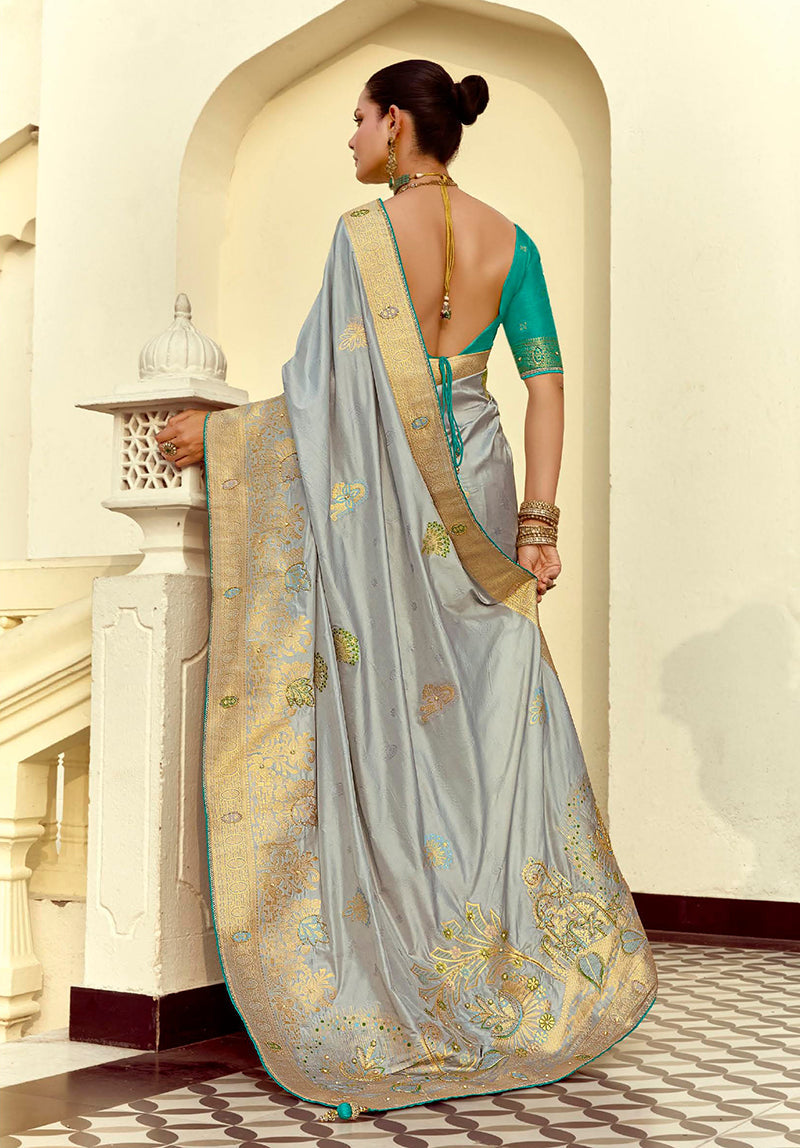 Monjolika Fashion Silk Blend Weaving Light Grey Traditional Saree | Grocsy