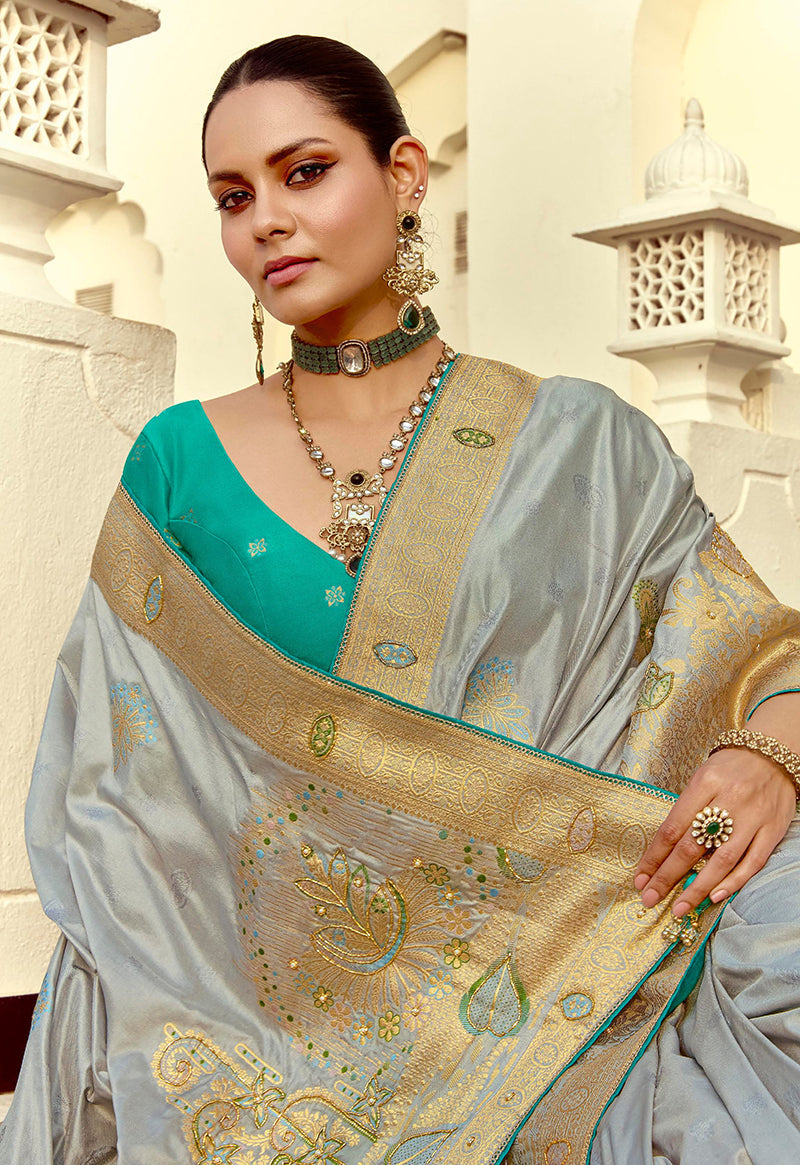 Monjolika Fashion Silk Blend Weaving Light Grey Traditional Saree | Grocsy