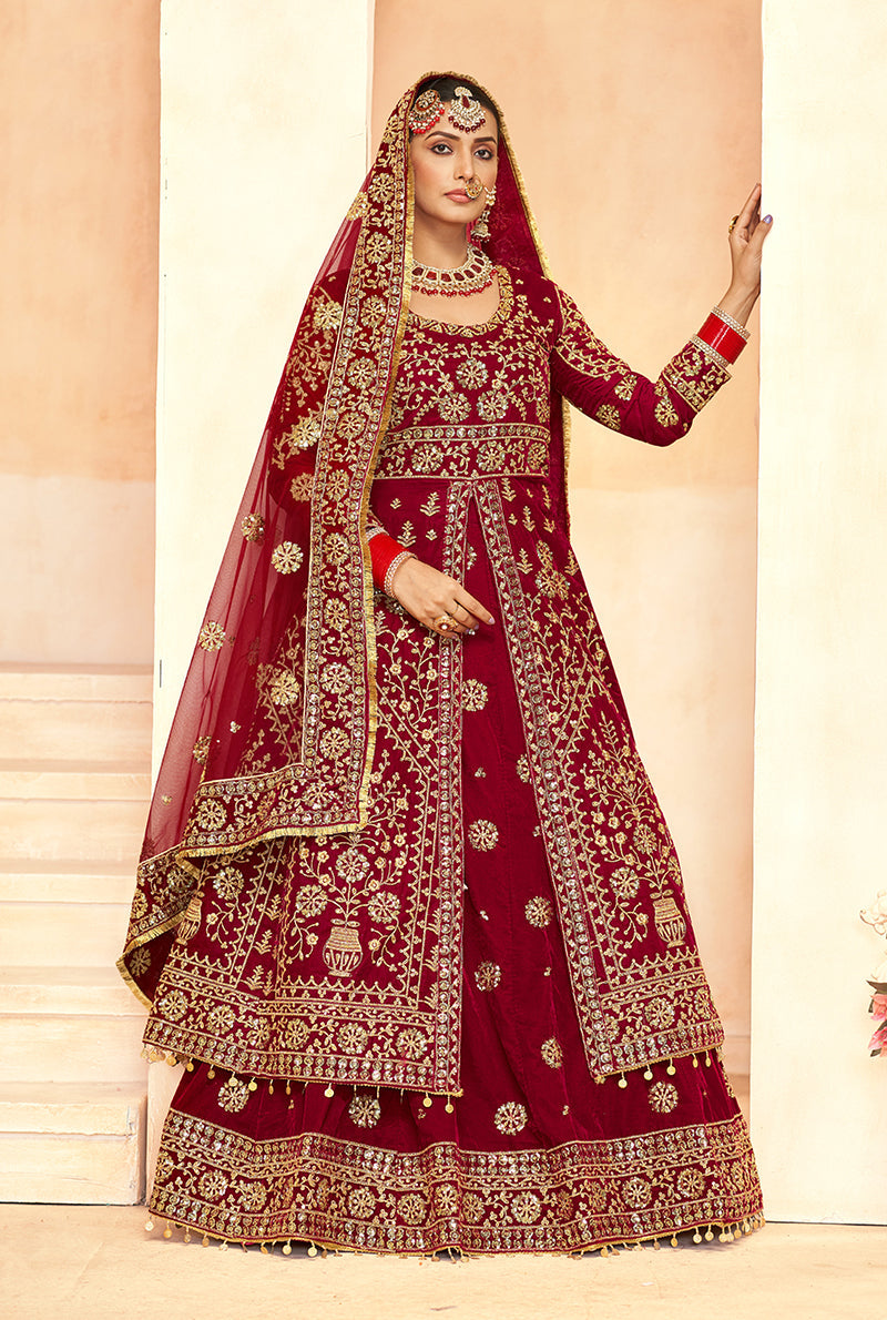 Monjolika Fashion Maroon Embroidered Velvet Designer Long Lehenga Choli | Grocsy