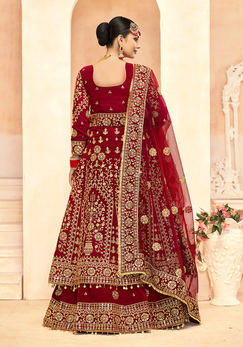 Monjolika Fashion Maroon Embroidered Velvet Designer Long Lehenga Choli | Grocsy