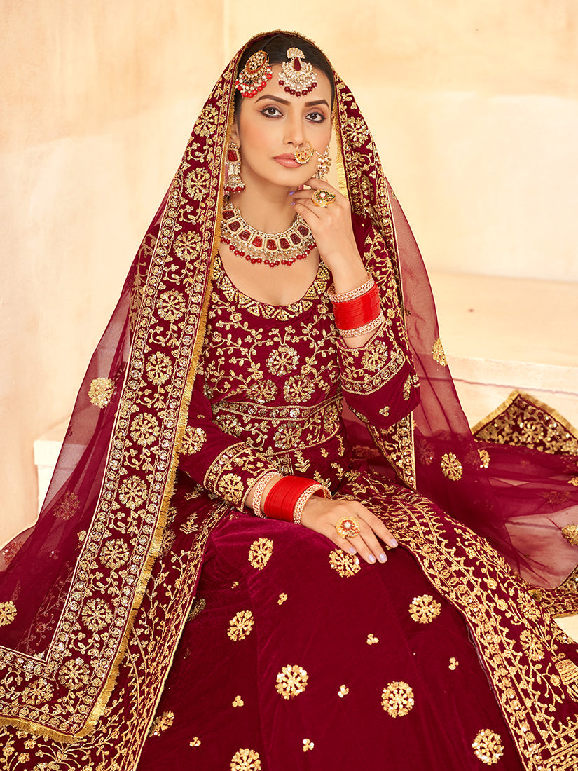 Monjolika Fashion Maroon Embroidered Velvet Designer Long Lehenga Choli | Grocsy