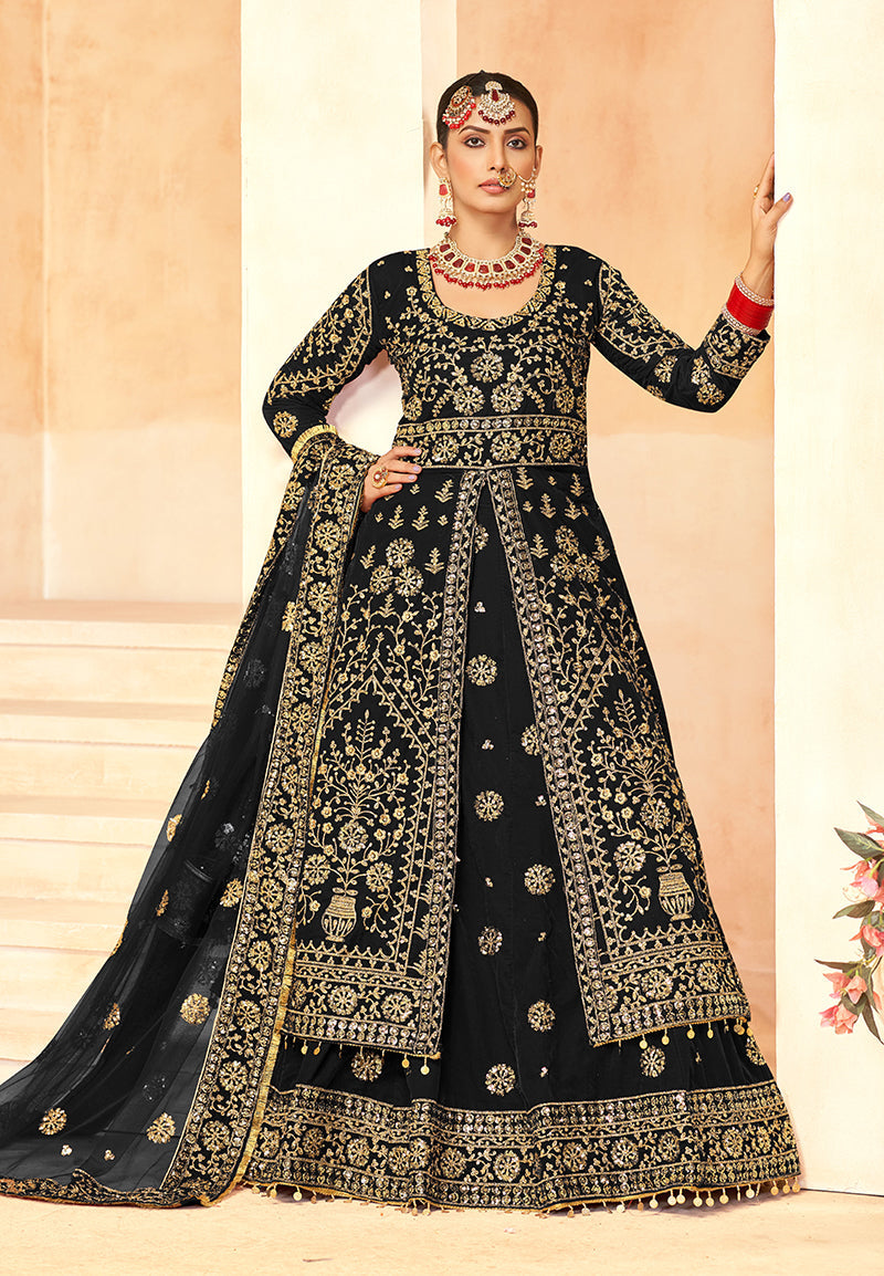 Monjolika Fashion Black Embroidered Velvet Designer Long Lehenga Choli | Grocsy