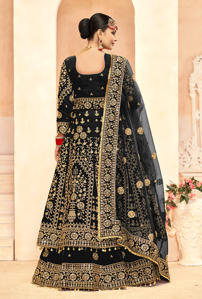 Monjolika Fashion Black Embroidered Velvet Designer Long Lehenga Choli | Grocsy