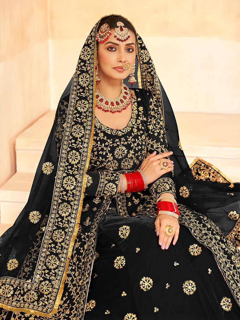 Monjolika Fashion Black Embroidered Velvet Designer Long Lehenga Choli | Grocsy