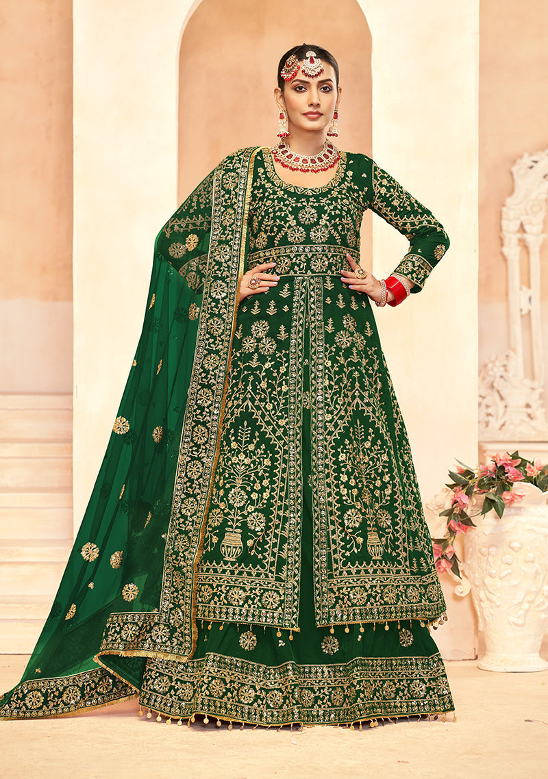 Monjolika Fashion Green Embroidered Velvet Designer Long Lehenga Choli | Grocsy