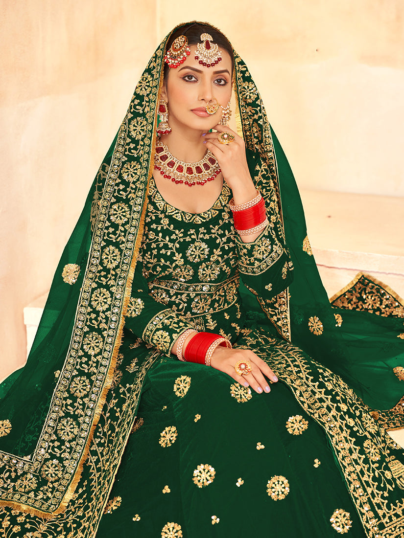 Monjolika Fashion Green Embroidered Velvet Designer Long Lehenga Choli | Grocsy