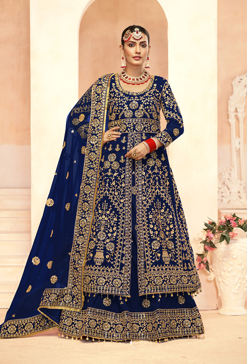 Monjolika Fashion Navy Blue Embroidered Velvet Designer Long Lehenga Choli | Grocsy