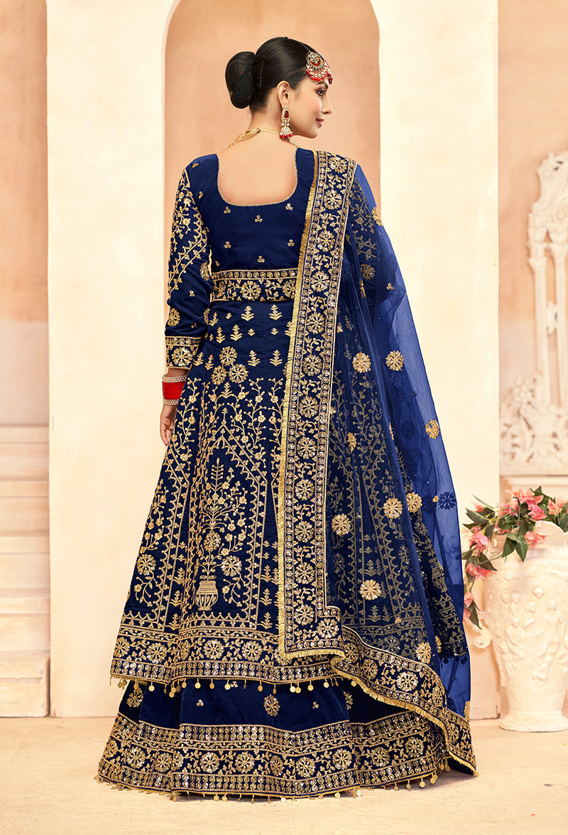 Monjolika Fashion Navy Blue Embroidered Velvet Designer Long Lehenga Choli | Grocsy