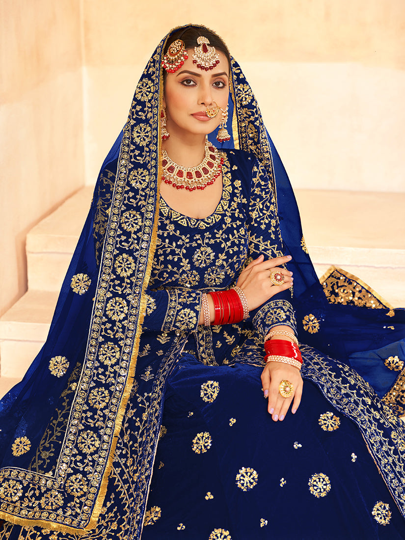 Monjolika Fashion Navy Blue Embroidered Velvet Designer Long Lehenga Choli | Grocsy