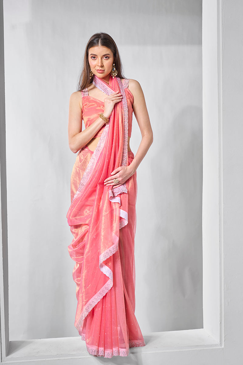 Monjolika Fashion Pink Gold Tissue Net Fancy Party Wear Saree | Grocsy