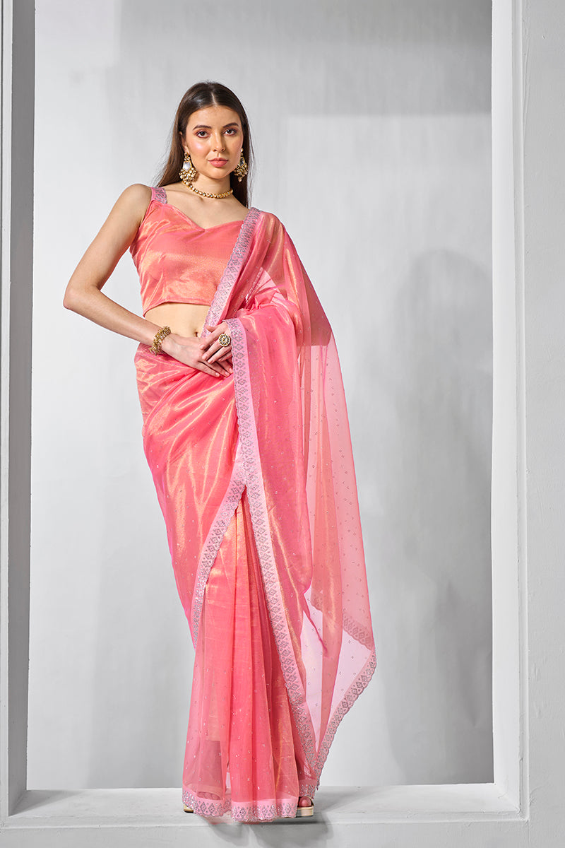 Monjolika Fashion Pink Gold Tissue Net Fancy Party Wear Saree | Grocsy