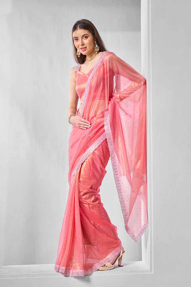 Monjolika Fashion Pink Gold Tissue Net Fancy Party Wear Saree | Grocsy