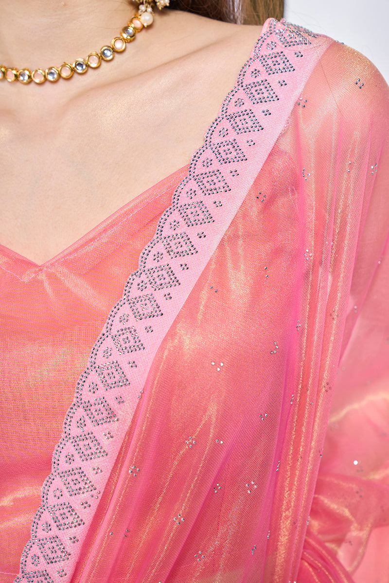 Monjolika Fashion Pink Gold Tissue Net Fancy Party Wear Saree | Grocsy