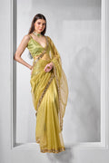 Monjolika Fashion Olive Green Gold Tissue Net Fancy Party Wear Saree | Grocsy