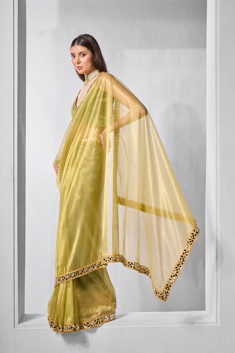 Monjolika Fashion Olive Green Gold Tissue Net Fancy Party Wear Saree | Grocsy