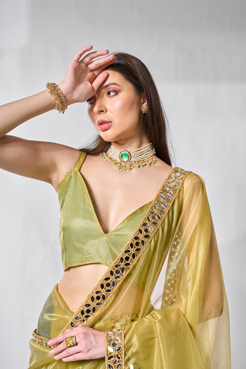 Monjolika Fashion Olive Green Gold Tissue Net Fancy Party Wear Saree | Grocsy