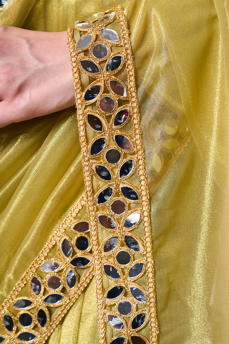 Monjolika Fashion Olive Green Gold Tissue Net Fancy Party Wear Saree | Grocsy