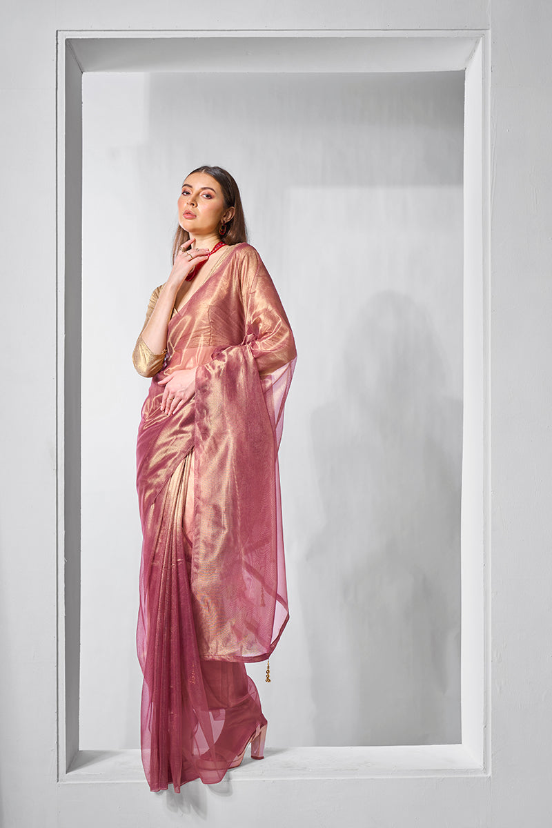 Monjolika Fashion Onion Pink Gold Tissue Net Fancy Party Wear Saree | Grocsy