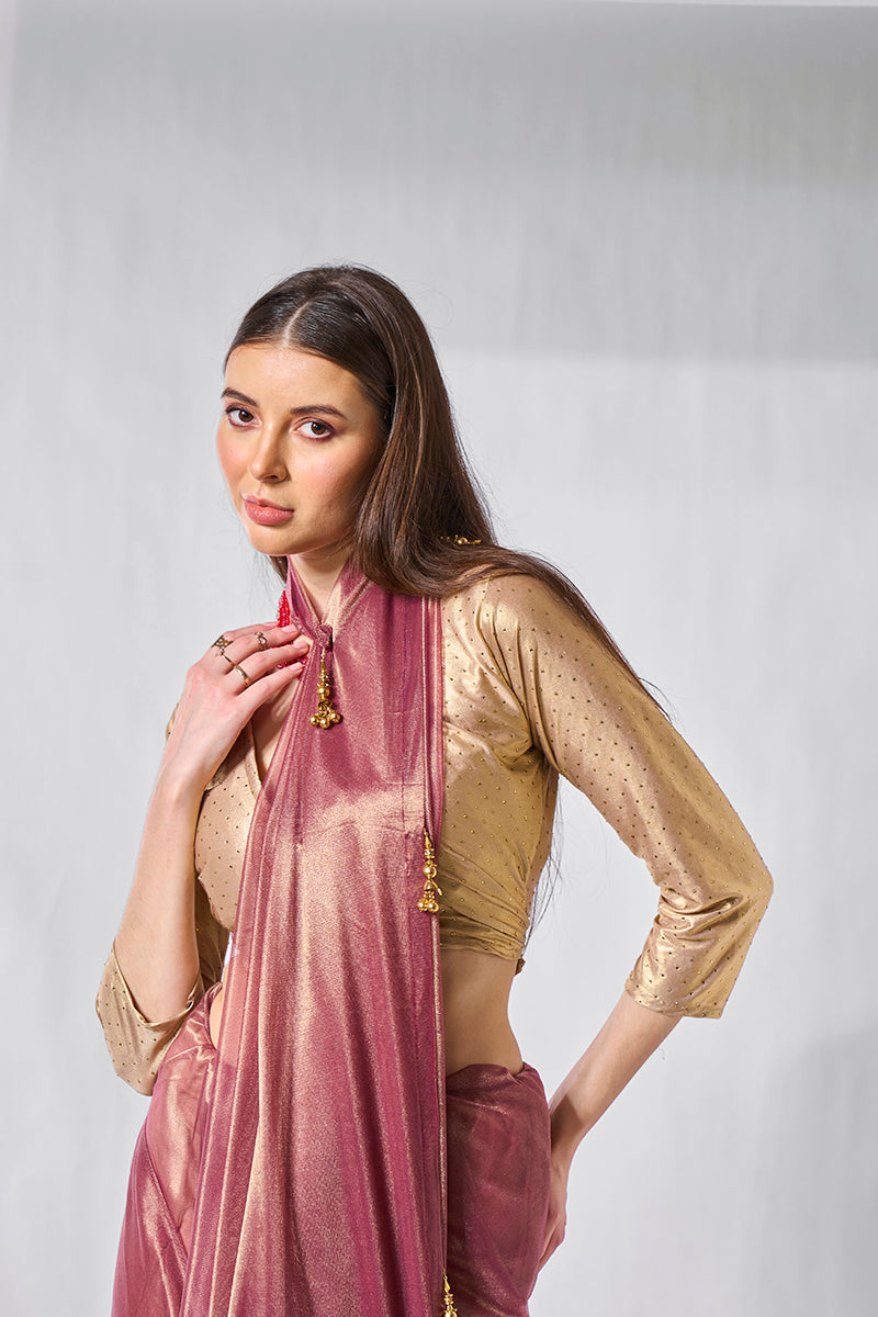 Monjolika Fashion Onion Pink Gold Tissue Net Fancy Party Wear Saree | Grocsy