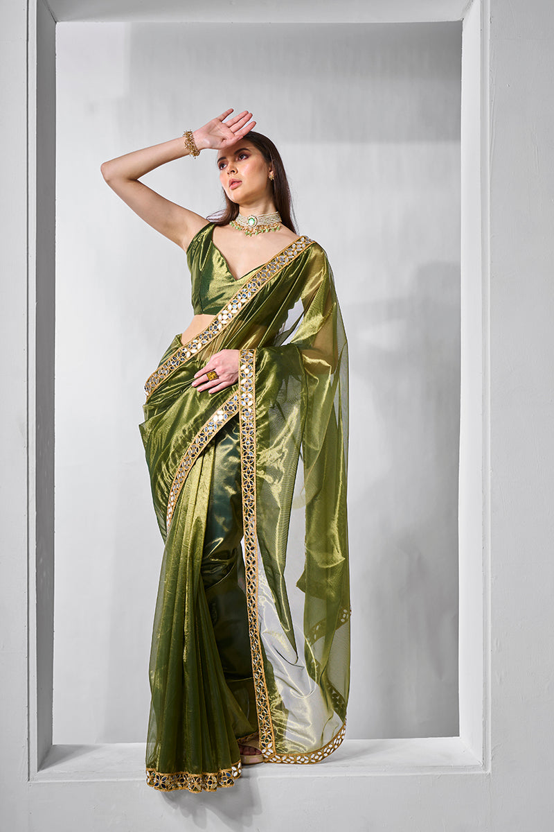 Monjolika Fashion Green Gold Tissue Net Fancy Party Wear Saree | Grocsy