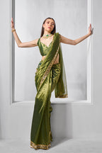 Monjolika Fashion Green Gold Tissue Net Fancy Party Wear Saree | Grocsy