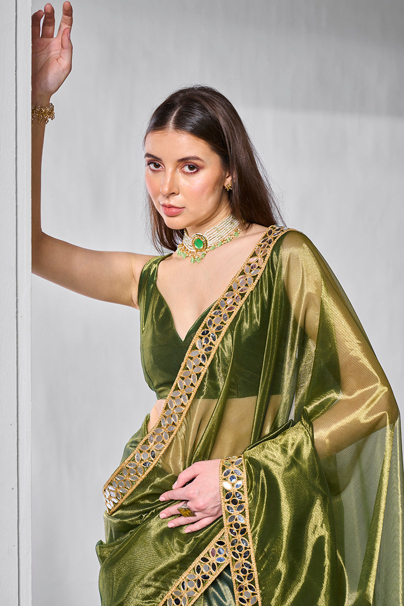 Monjolika Fashion Green Gold Tissue Net Fancy Party Wear Saree | Grocsy