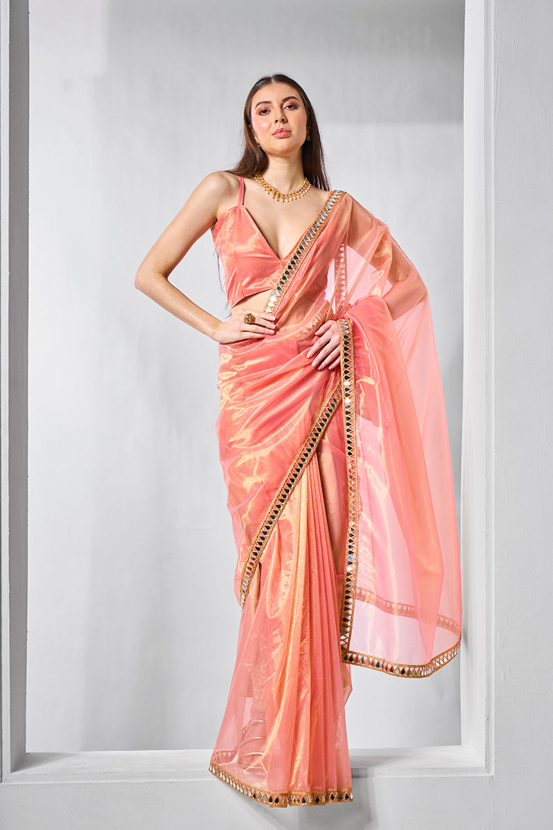 Monjolika Fashion Peach Gold Tissue Net Fancy Party Wear Saree | Grocsy