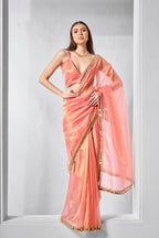 Monjolika Fashion Peach Gold Tissue Net Fancy Party Wear Saree | Grocsy