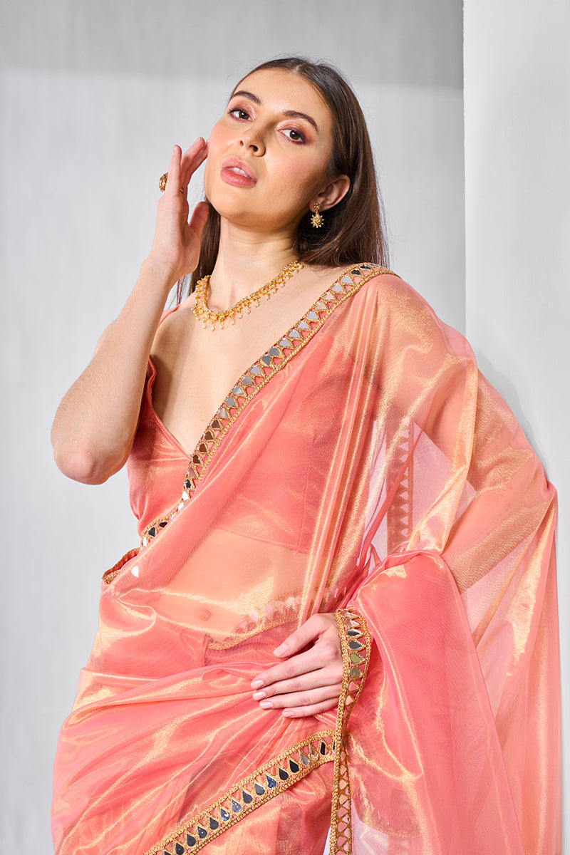 Monjolika Fashion Peach Gold Tissue Net Fancy Party Wear Saree | Grocsy