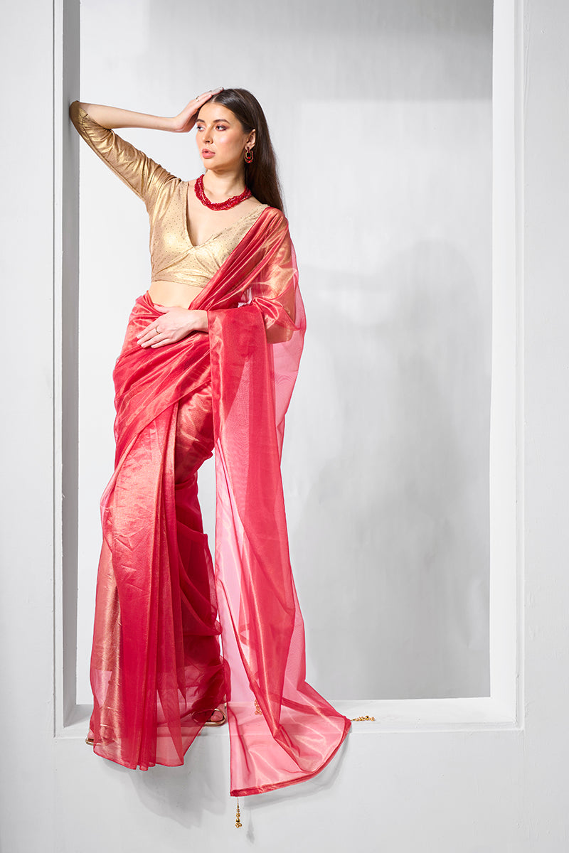 Monjolika Fashion Red Gold Tissue Net Fancy Party Wear Saree | Grocsy
