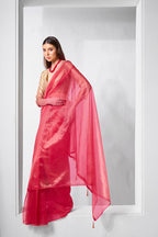 Monjolika Fashion Red Gold Tissue Net Fancy Party Wear Saree | Grocsy