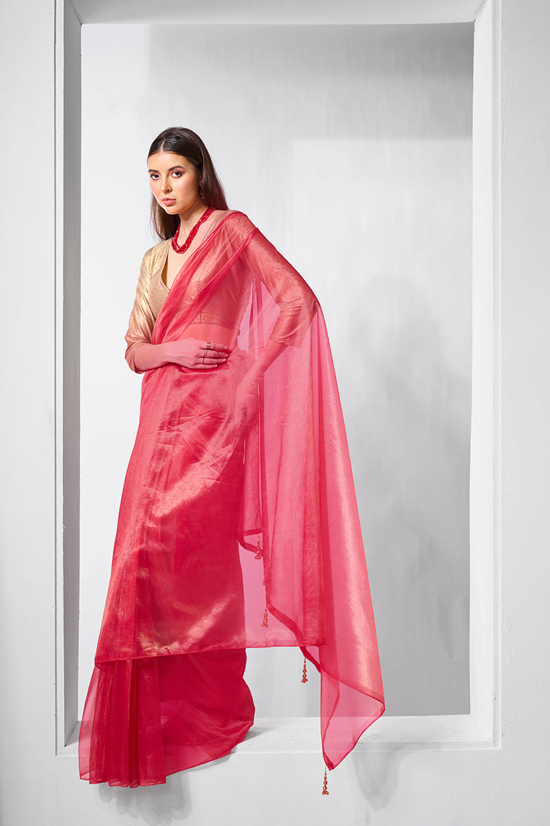 Monjolika Fashion Red Gold Tissue Net Fancy Party Wear Saree | Grocsy