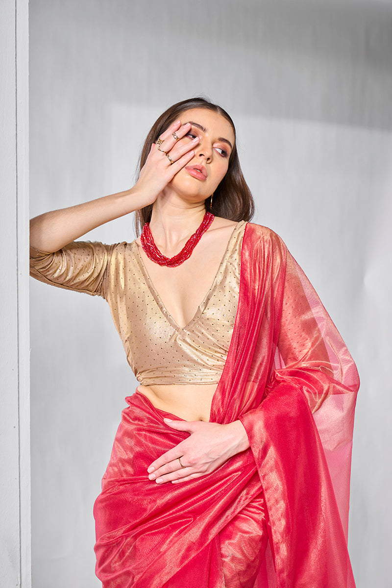 Monjolika Fashion Red Gold Tissue Net Fancy Party Wear Saree | Grocsy