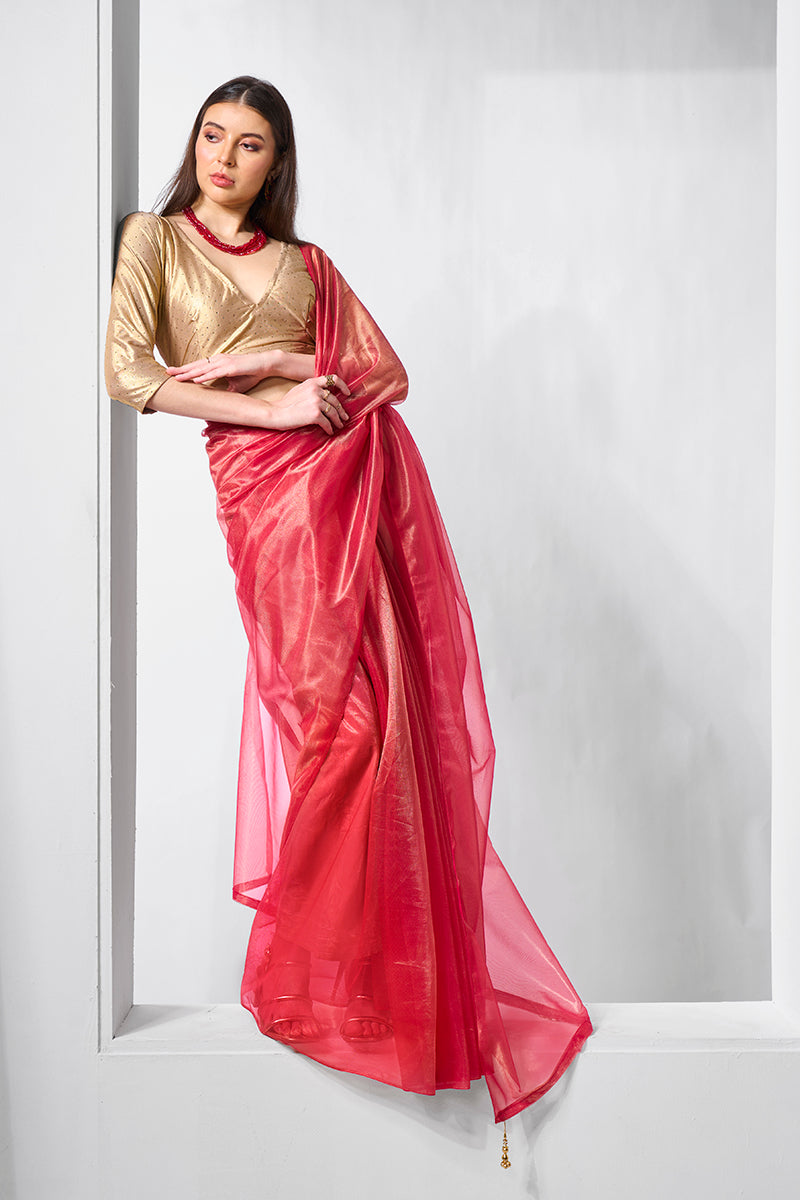 Monjolika Fashion Red Gold Tissue Net Fancy Party Wear Saree | Grocsy