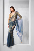 Monjolika Fashion Blue Gold Tissue Net Fancy Party Wear Saree | Grocsy