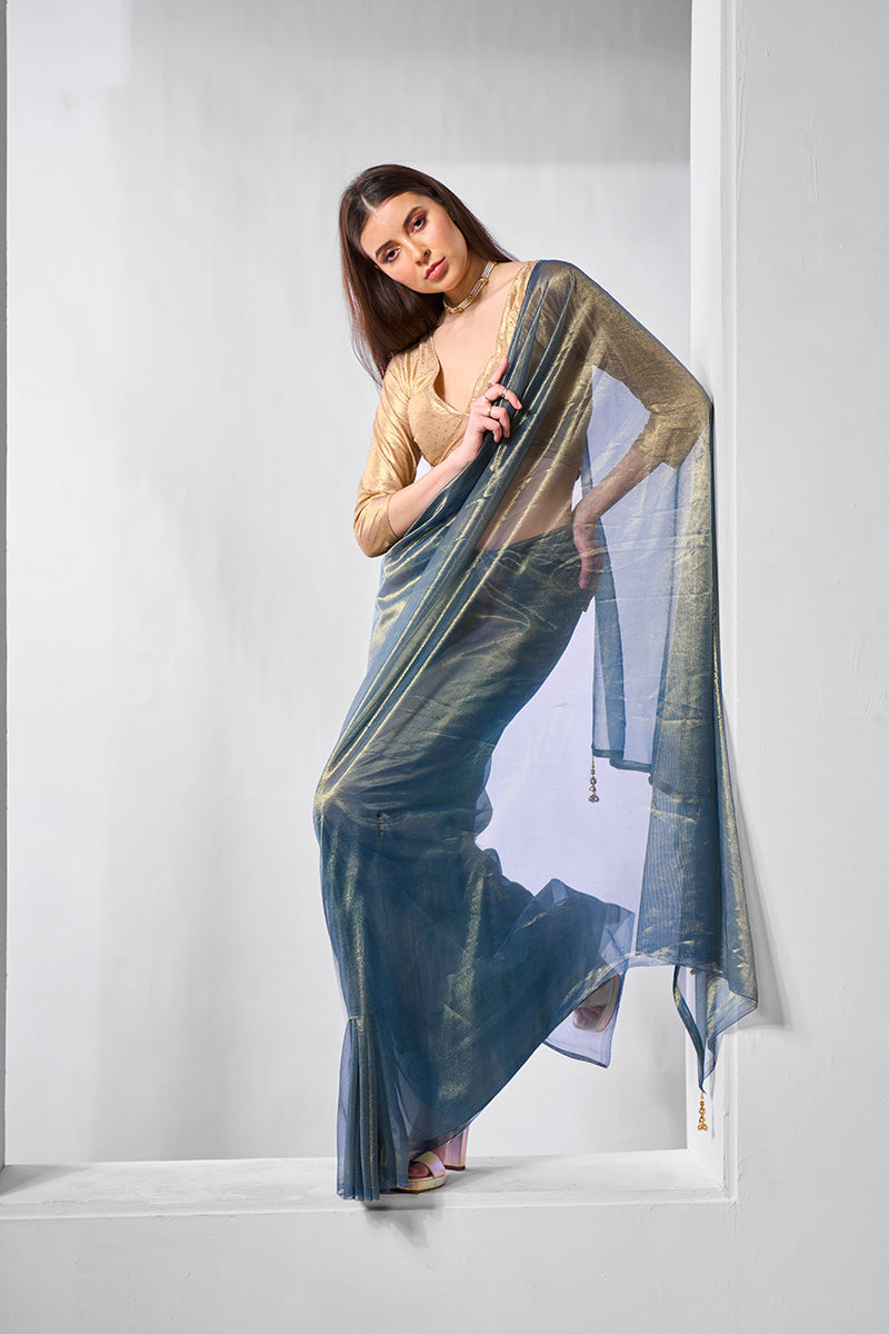 Monjolika Fashion Blue Gold Tissue Net Fancy Party Wear Saree | Grocsy
