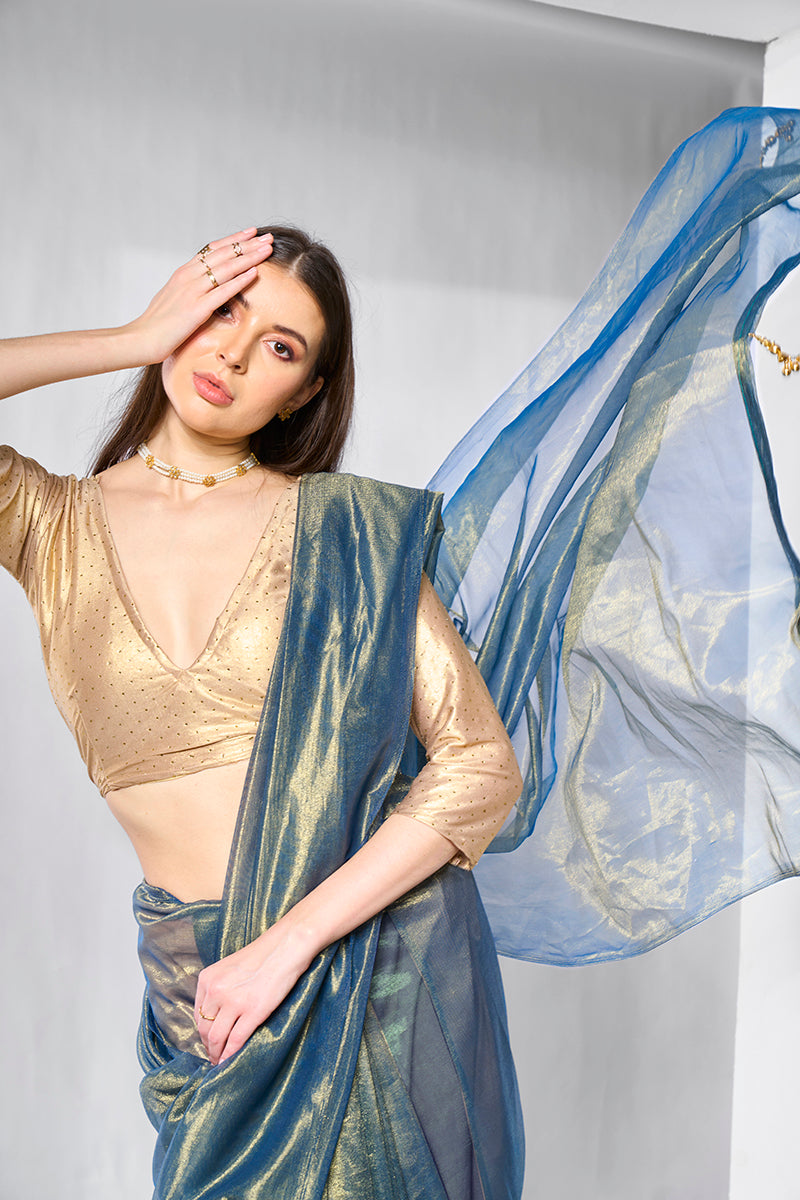 Monjolika Fashion Blue Gold Tissue Net Fancy Party Wear Saree | Grocsy