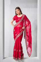 Monjolika Fashion Chiffon Rani Embroidered Classic Saree | Grocsy