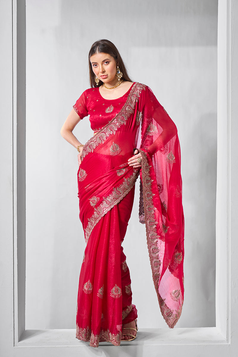 Monjolika Fashion Chiffon Rani Embroidered Classic Saree | Grocsy