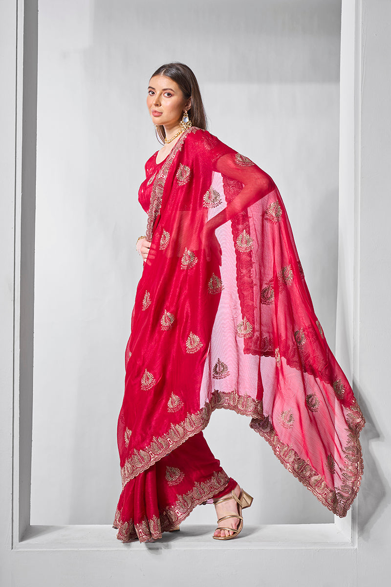 Monjolika Fashion Chiffon Rani Embroidered Classic Saree | Grocsy