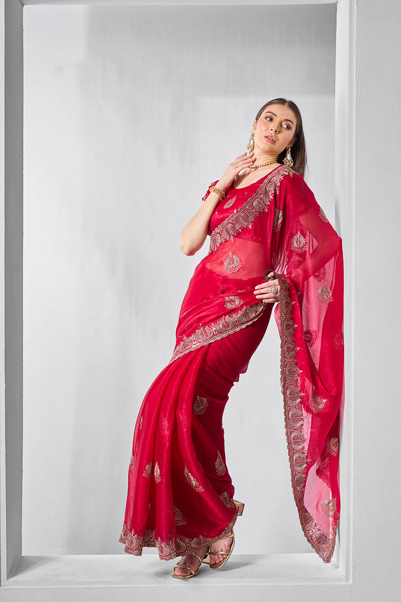 Monjolika Fashion Chiffon Rani Embroidered Classic Saree | Grocsy