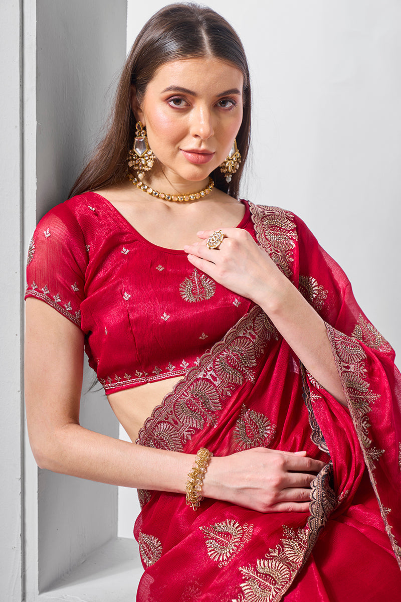 Monjolika Fashion Chiffon Rani Embroidered Classic Saree | Grocsy
