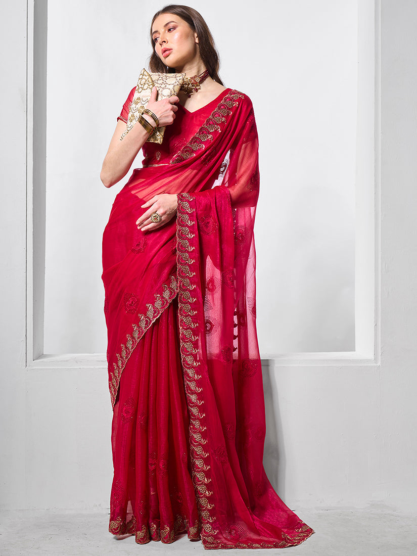 Monjolika Fashion Shimmer Chiffon Rani Embroidered Classic Saree | Grocsy