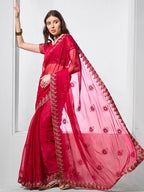 Monjolika Fashion Shimmer Chiffon Rani Embroidered Classic Saree | Grocsy