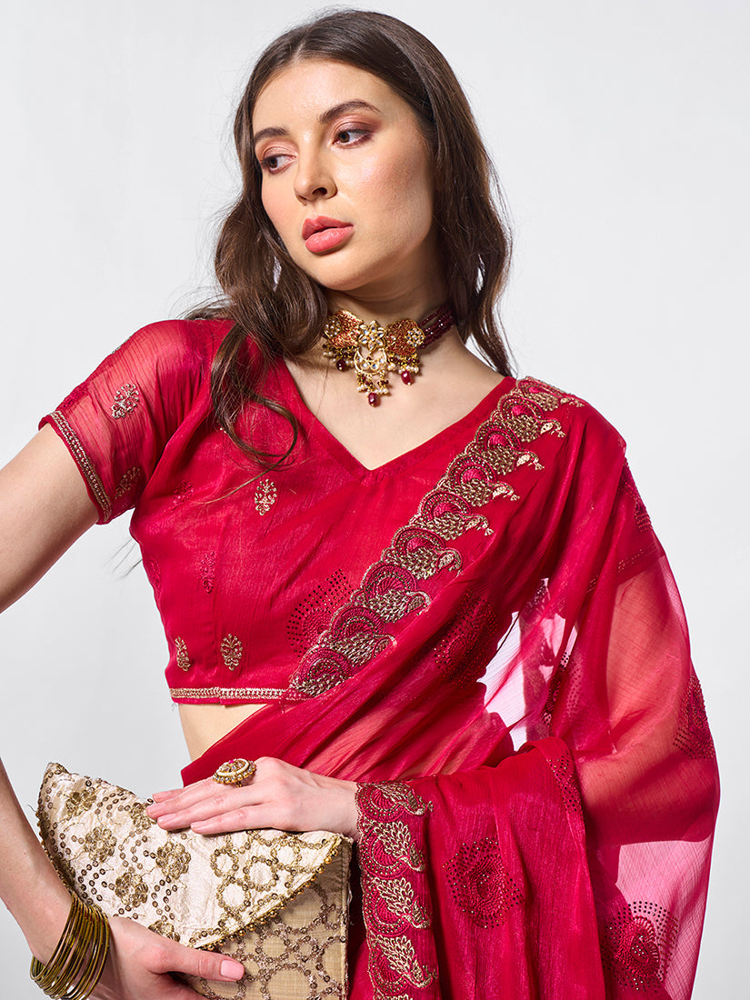 Monjolika Fashion Shimmer Chiffon Rani Embroidered Classic Saree | Grocsy