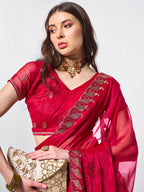 Monjolika Fashion Shimmer Chiffon Rani Embroidered Classic Saree | Grocsy