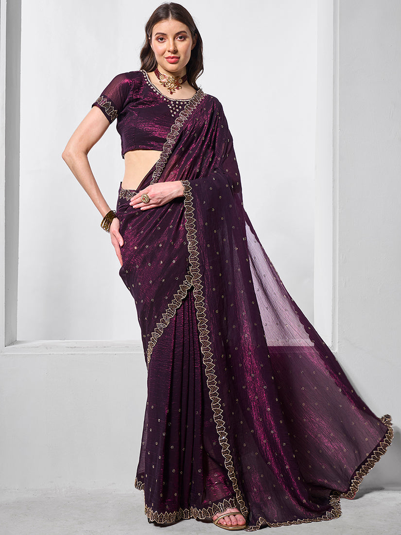 Monjolika Fashion Chiffon Wine Embroidered Contemporary Saree | Grocsy